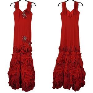Red Formal Bicici Sz XS Gown 3D Rosette Ruffle Rhinestone Jewel Full Prom Gala